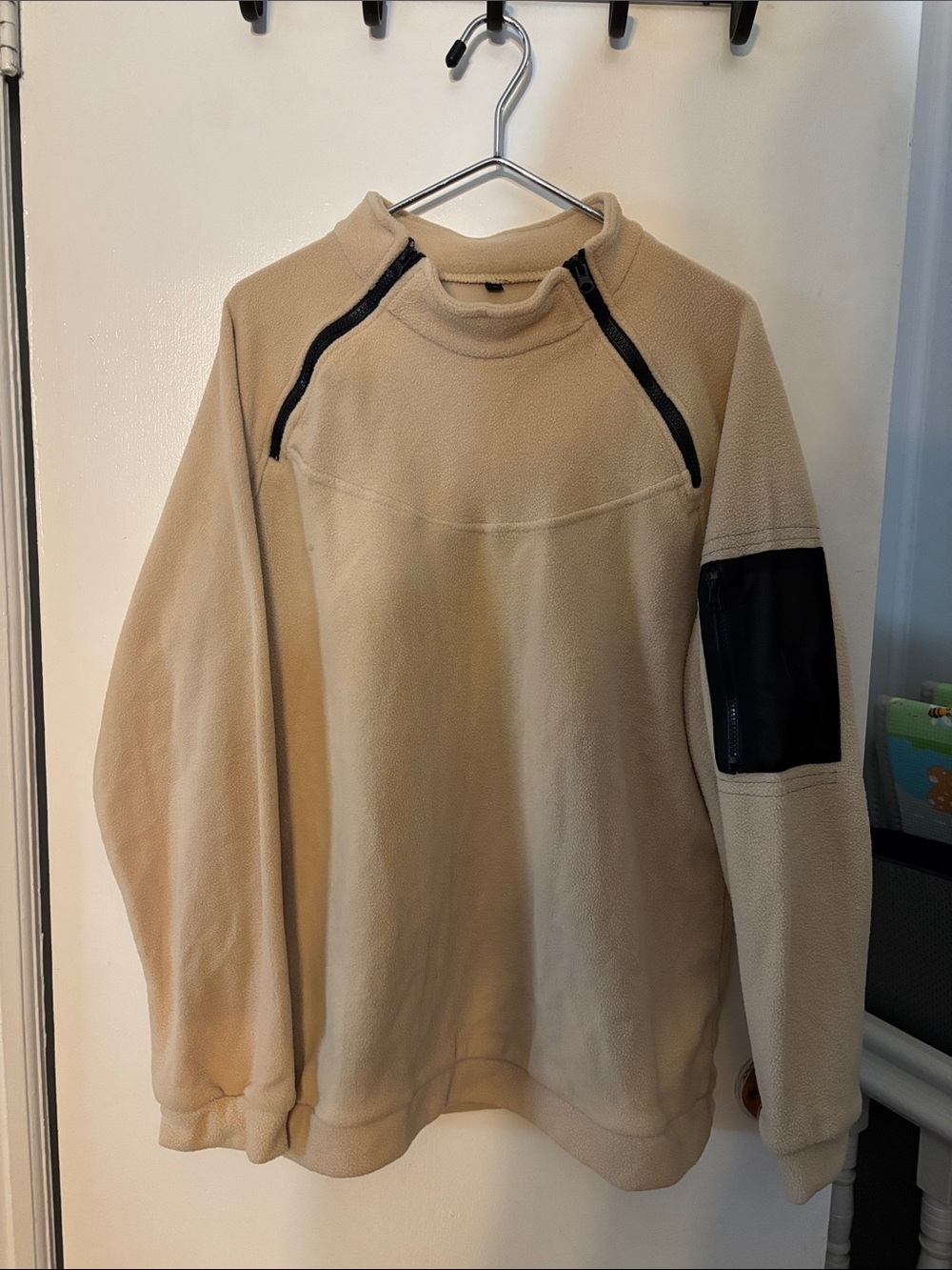 Men's Beige Fleece Pullover Sweater with Zip Details